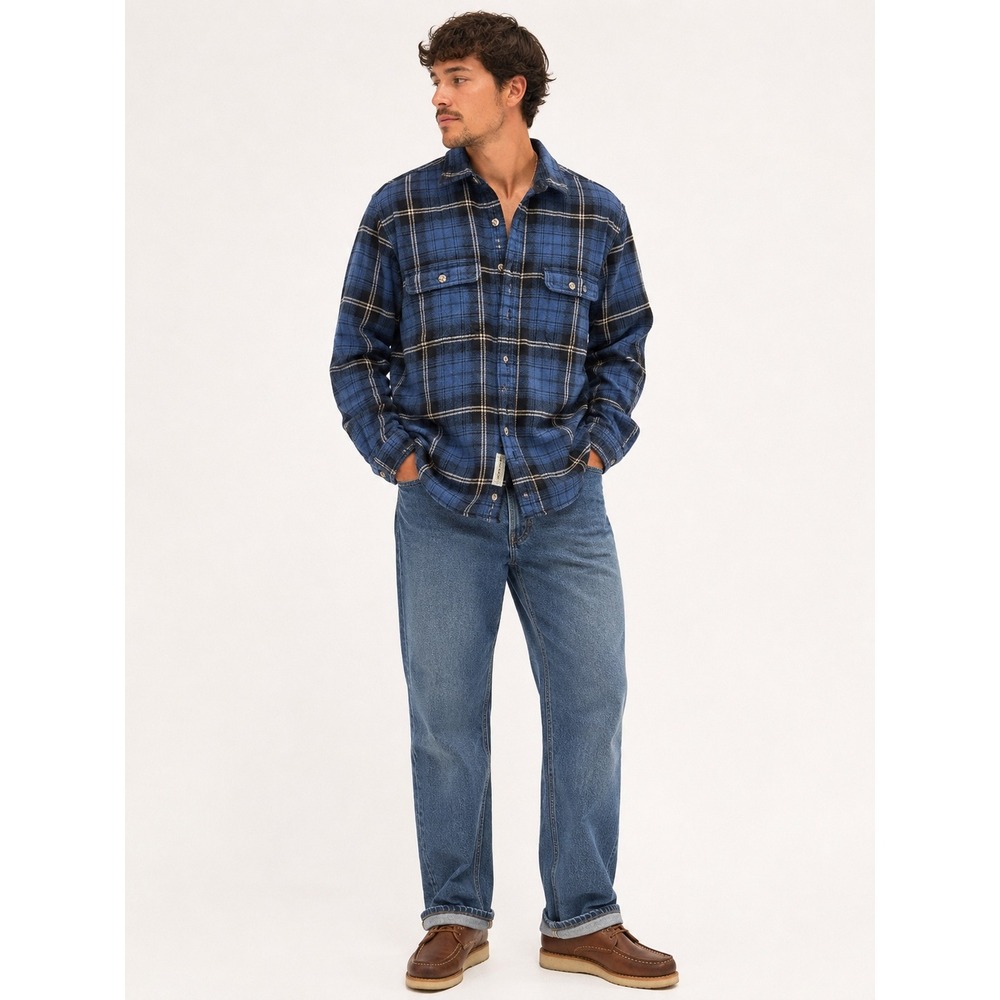 Field & Stream Flannel Shirt Mens Large Blue Black Plaid Cotton Workwear Button